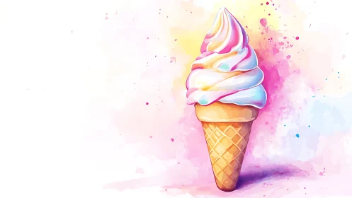 Soft-serve ice cream cone in bright watercolor splashes.