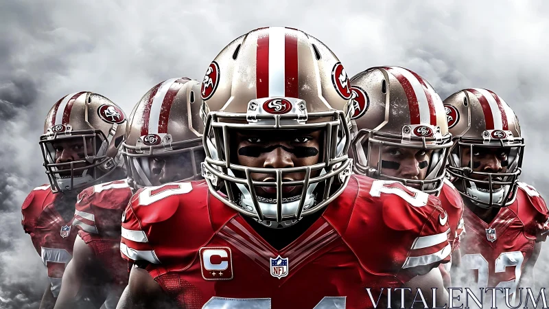 Gridiron warriors stride forward through swirling stadium fog