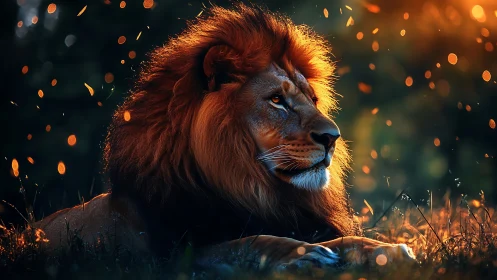 Majestic lion resting in glowing sunset embers field.