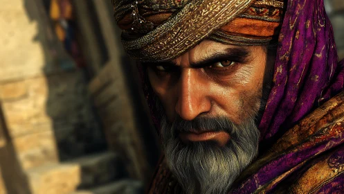 Weathered desert elder wrapped in rich violet and gold robes.