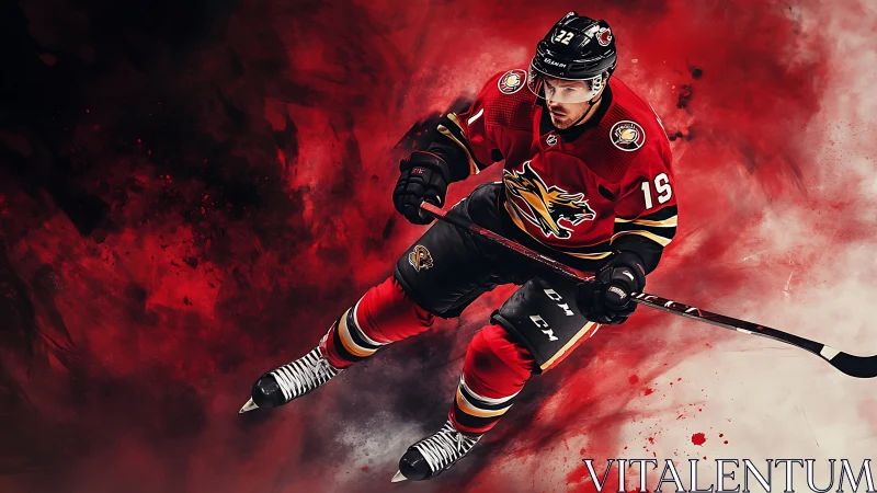 Ice hockey player in red uniform skating through red smoke