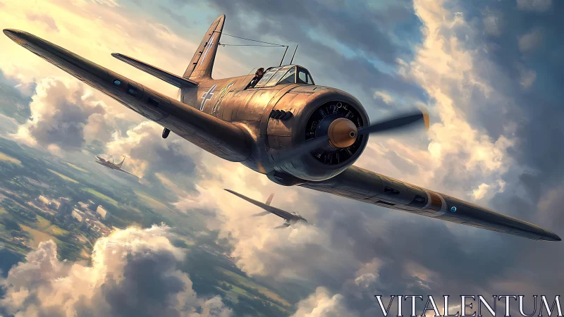 Sunlit warbird slicing through storm-brightened clouds.