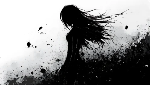 Inkborn silhouette drifting through a storm of splatters.