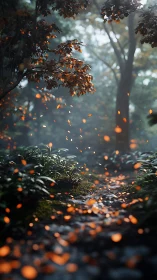 Forest path with falling orange leaves in soft focus.