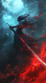 Celestial void knight amid lunar backlight, vertical digital painting.