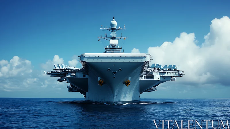 Massive futuristic aircraft carrier prowling open ocean.