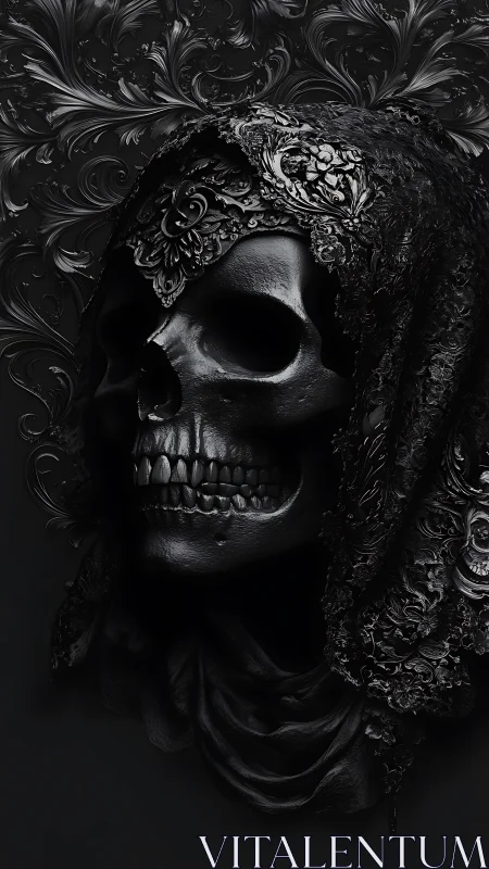 Ornate black skull portrait with baroque lace shroud