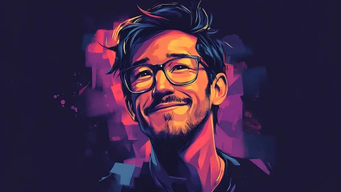 Vibrant neon portrait of a smiling man rendered in angular vectors