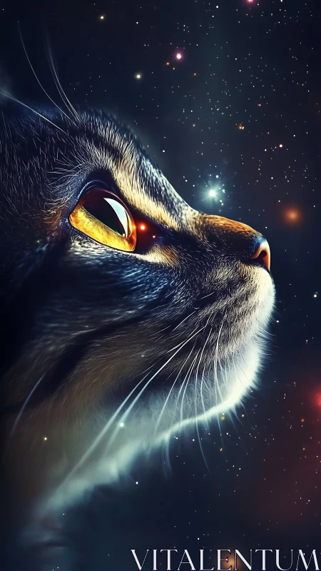 Feline side profile rendered against dense star field backdrop.