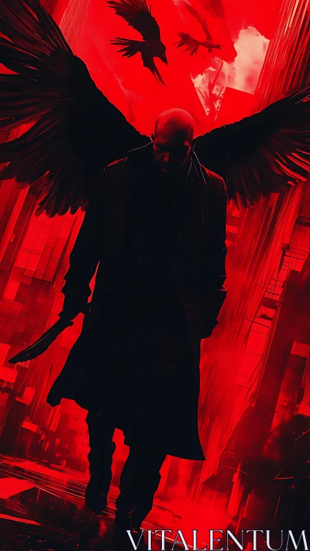 Winged avenger stalking neon-red city streets at dusk.