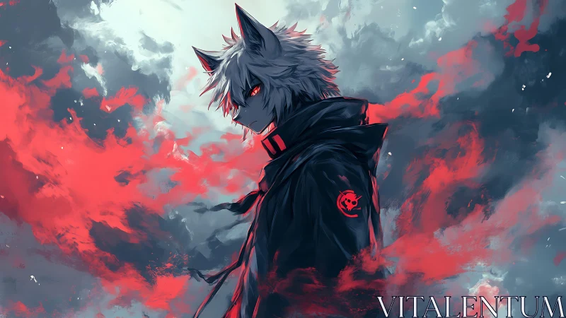 Wolf-eared warrior stands within violent red storm clouds.