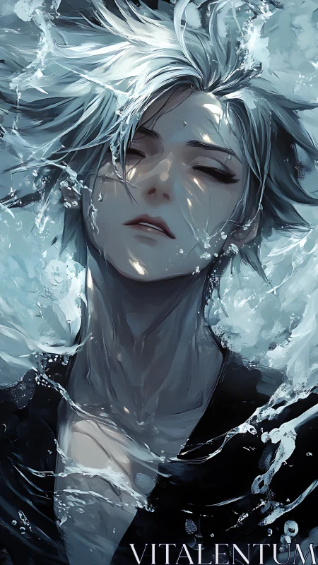 Silver haired youth submerged in foaming, refracted water