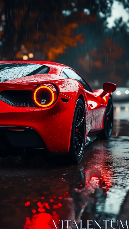 Crimson supercar burns through rainy twilight reflections.