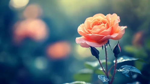 Salmon pink rose with water droplets in shallow depth of field garden setting.
