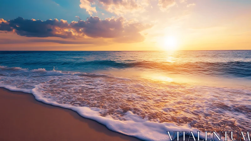 Golden hour sun illuminates calm ocean surf and shoreline
