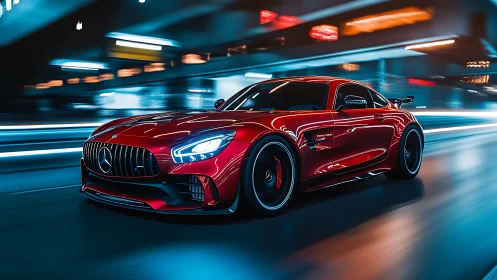 Photorealistic red supercar in neon-lit urban motion study.