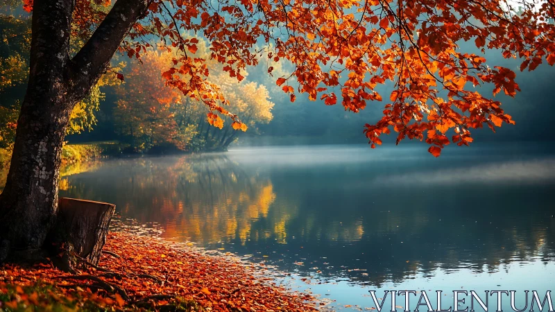 Quiet autumn lakeside with red foliage and morning mist.