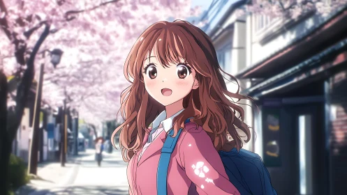 Cherry blossom morning girl wandering through pastel streets.