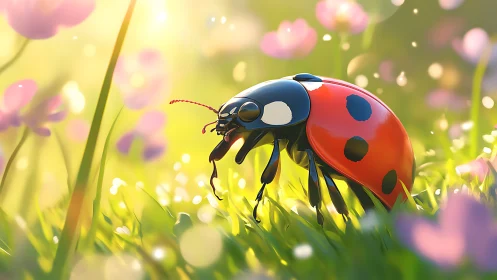 Ladybug glows in sunlit meadow with dreamy bokeh light.