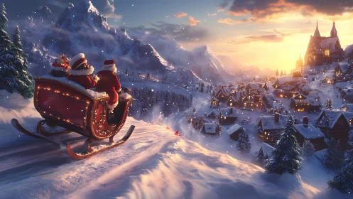 Digital painting of Santa’s sleigh above luminous alpine village.