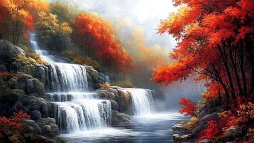 Autumn cascade over terraced rocks in misty forest gorge.