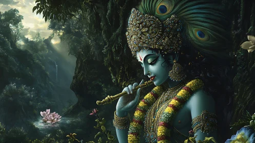 Divine blue deity playing flute in luminous forest grove.