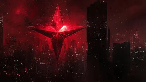 Large luminous red crystal star structure hovers above city
