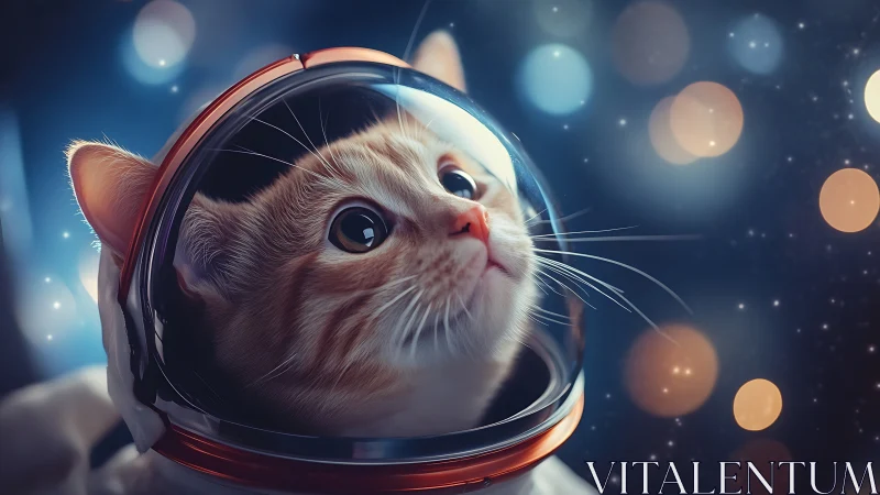 Curious astronaut cat gazes into dreamy, star-filled space