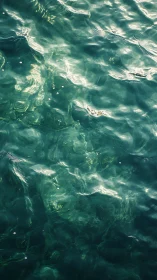 Specular caustics over teal littoral water surface field.