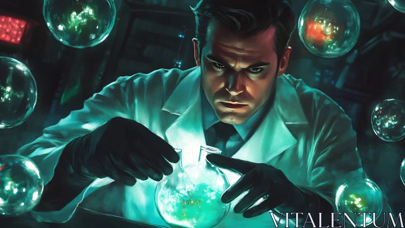 Focused laboratory scientist with glowing chemical flasks.