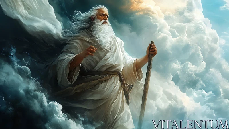 Bearded robed figure with staff positioned among dense clouds