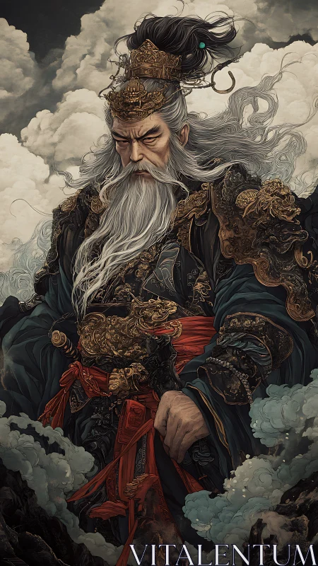 Imperial warlord in ornate golden armor rises amid clouds.