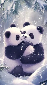 Two stylized pandas embrace closely in a snowy forest scene