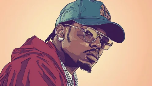 Stylized portrait of man in cap, glasses and red hoodie.