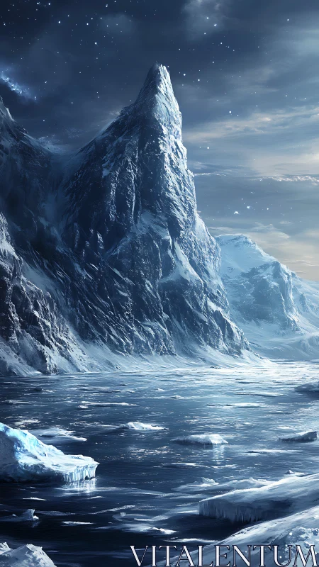 Silent starlit ice peak rises above a frozen midnight sea