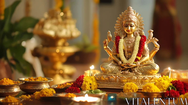 Golden goddess altar bathed in candlelight and blossoms.