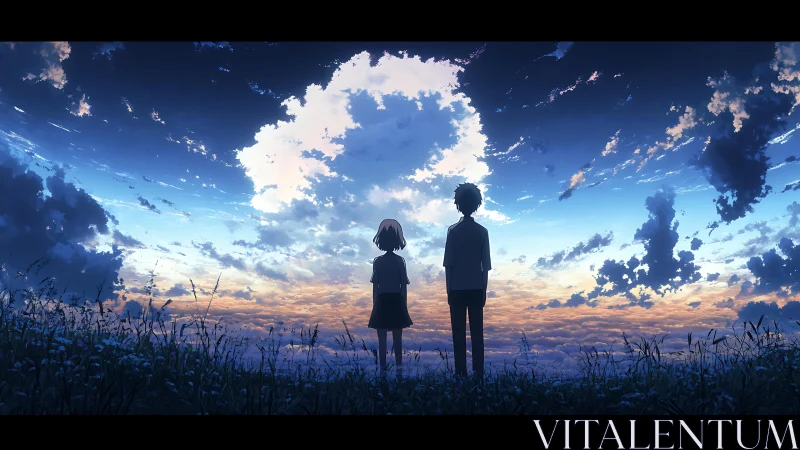 Two silhouetted figures stand in field beneath stratified sky