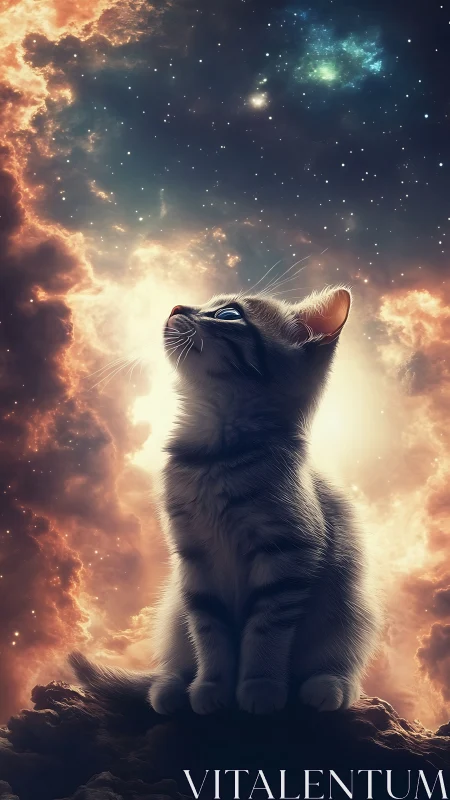 Stellar-illuminated kitten against volumetric nebula field.