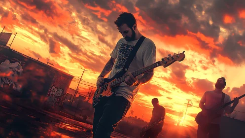 Cinematic rock band at sunset with dramatic color grading.