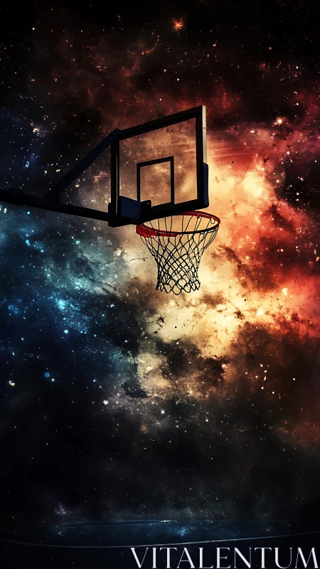 Basketball hoop silhouette against vibrant cosmic nebula night