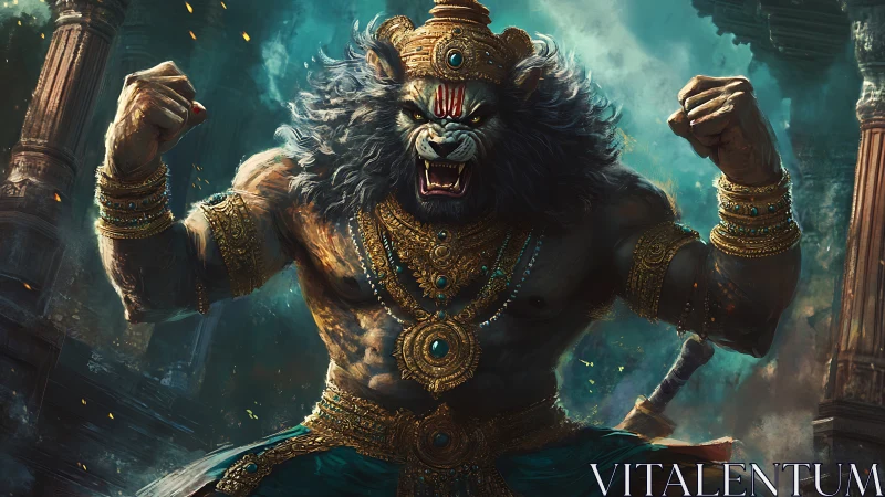 Lion-headed armored deity in dynamic temple environment.