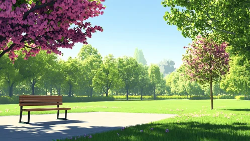 Sunny park bench under gentle spring blossom shade.