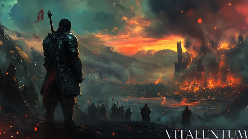 Armored warlord surveys burning citadel at bloodred dusk.