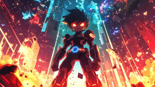 Cybernetic boy stands amid burning neon city canyon