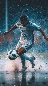 Dynamic soccer striker kicking through rain-soaked pitch.