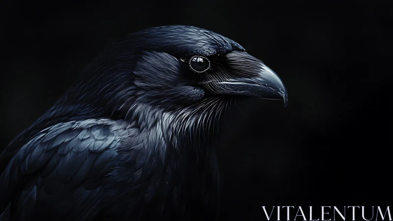 Side profile close-up of dark-feathered corvid in low light.