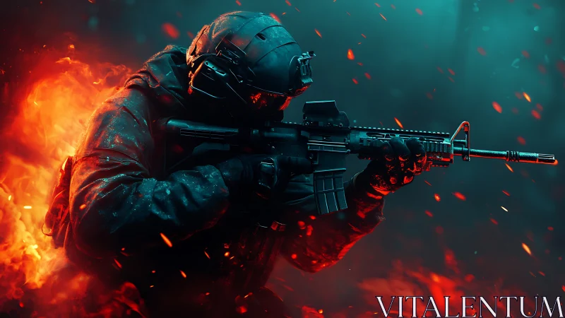 Heavily armed soldier aiming rifle amid intense firestorm.