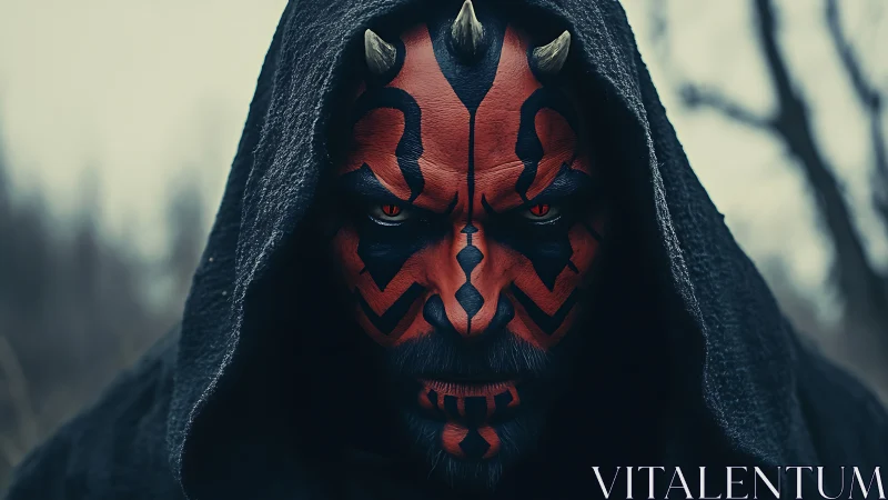 Hooded horned warrior in crimson warpaint glare.