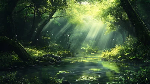 Luminous forest stream with god rays piercing canopy