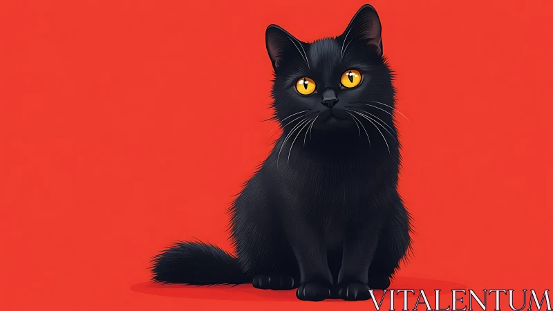 Black cat with golden eyes against red background displays controlled digital rendering